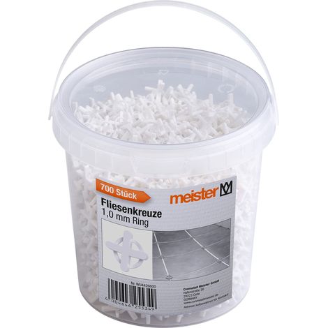 Meister Distanziatori per piastrelle da 1,0 mm, pratico set da 700 pezzi, riutilizzabili con anello, in robusto polipropilene, colore bianco, accessori per la posa delle piastrelle, croci per fughe, (1/3)