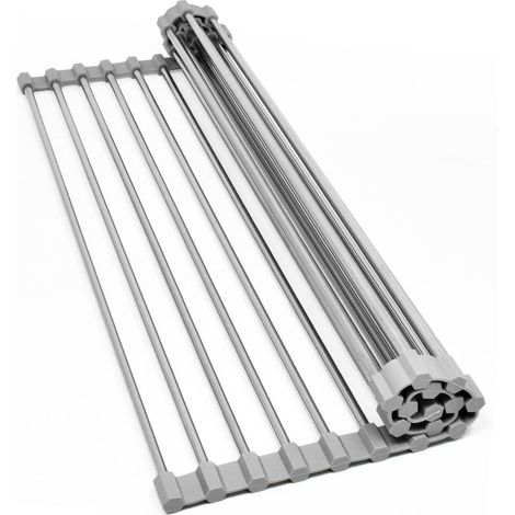 Support de séchage à enrouler pour évier, grille pliable en silicone et inox, 37 x 30 cm, gris, range-vaisselle compact (1/3)