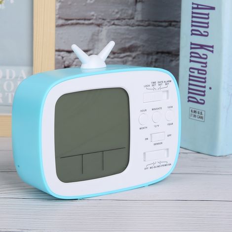 Réveil lumineux intelligent bleu en forme de téléviseur, avec écran LCD multifonctionnel et créatif.