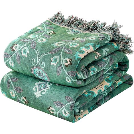 Grande couverture double face pour canapé 2 ou 3 places avec motif floral, 100 % pur coton bio, doux, chaud et bohème, pour fauteuil, canapé et lit, 230 x 250 cm, vert (1/5)