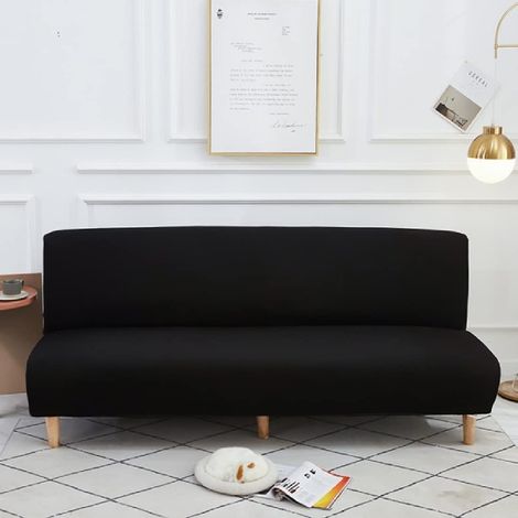 Housse de canapé-lit pliable, housse de futon extensible avec fond élastique, couleur unie, épaisse, amovible, couverture complète, noir, 160-190 cm (1/4)
