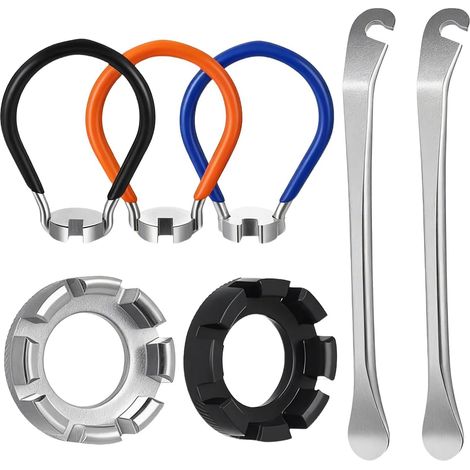 Kit d'Outils de Réparation de Vélo 7 Pièces, 2 Clé à Rayons 8 Voies (Calibre 10-15), 2 Démonte-pneus, 3 Outils pour Entretien et Réglage des Roues de VTT, Route et BMX