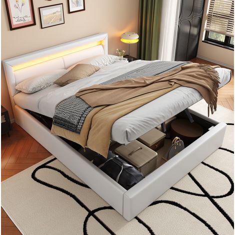 DESVIAE Lit rembourré avec coffre et éclairage LED 140 x 190 cm tête de lit 80 cm sommier à lattes blanc simili cuir (1/5)