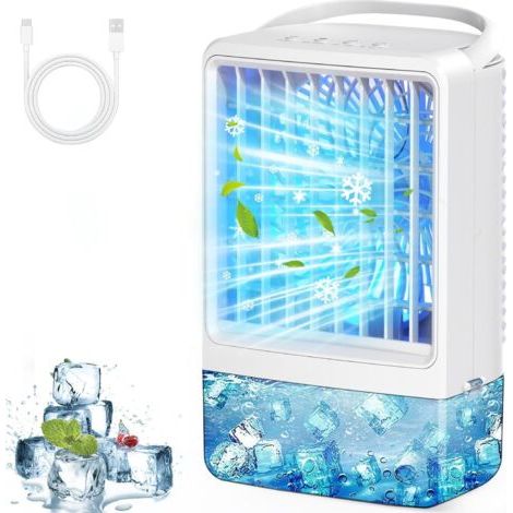 Mini climatiseur portable USB, ventilateur à glace, souffleur d'air froid, 2 ports de brumisation, 3 vitesses de vent et 7 lumières LED colorées, brume fraîche et minuterie, refroidisseur d'air par év