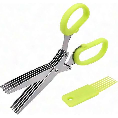 Ciseaux à herbes en acier inoxydable à 5 lames - Sécateur de cuisine polyvalent avec peigne de nettoyage pour hacher, trancher et couper les fines herbes (1/5)