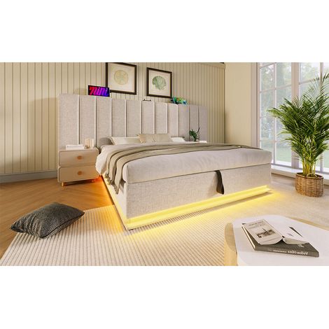 Lit coffre 160x200 cm en lin beige avec LED 360°, ports USB/USB-C et sommier à lattes (1/5)