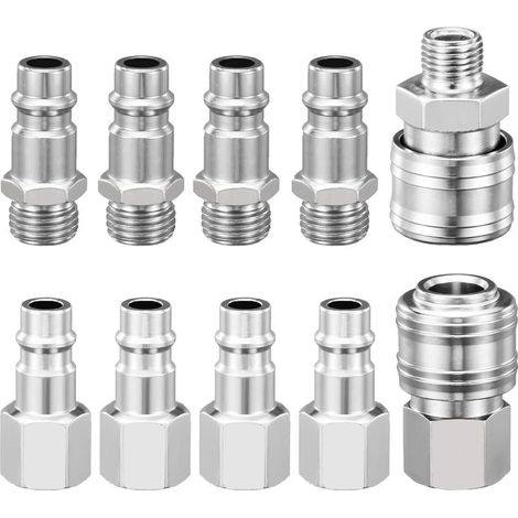 Raccord Rapide Air Comprimé Raccord Rapide Pneumatique 1/4", Raccordement du Soufflette Air Comprimé/Tuyau Compresseur D'air,Embout Accessoires Compresseur D'air,10 Pièces