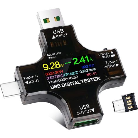 Testeur USB Multimètre USB C 2 en 1, 3.6-32V 0-8.0A Meter de Courant et de Tension Voltmetre Amperemetre Capacité Alimentation Wattmètre Chargeur Détecteur avec adaptateur OTG (1/5)