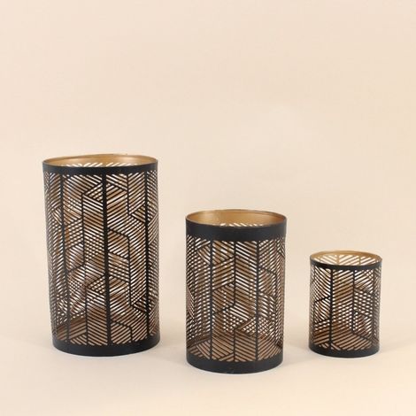 Set de 3 lanternes découpe ajourée géométrique noir & or