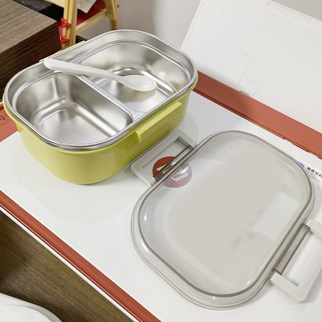 Boîte à lunch en acier inoxydable de style coréen, 2 compartiments, type bento, contenant alimentaire en métal pour enfants, adultes, élèves et employés de bureau, couleur chartreuse. (1/5)