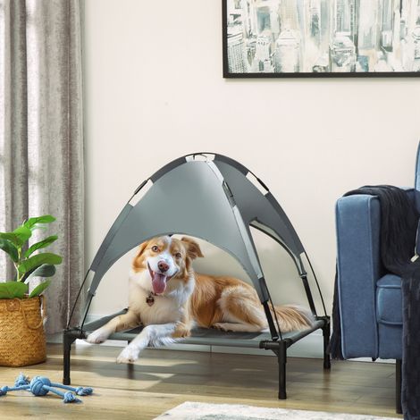 Lit surélevé pour chien avec auvent, couchage pour animaux, transat d'extérieur pour chien avec toit, respirant, en taffetas gris, idéal pour le camping, 76 x 61 x 73 cm (1/5)