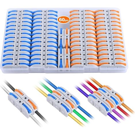 Hebel-Drahtverbinder, 60-teiliges Schnellverbindungs-Set für kompakte Inline-Klemmen – 28–12 AWG, 1 Eingang, 1 Ausgang