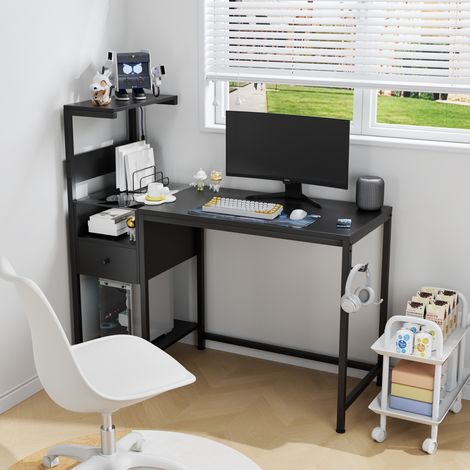 Schreibtisch aus MDF und Metall 121,9 x 50,8 x 110,5 cm schwarz mit reversiblen Regalen, Schublade, LED und USB (1/5)