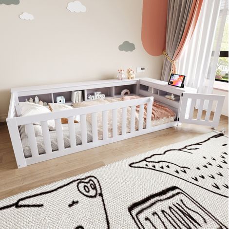 Cama infantil 90x200 cm de madera maciza blanca, con barandillas de seguridad, puertecita y amplio espacio de almacenaje (1/5)