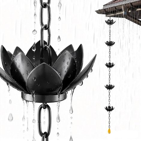 Chaîne de pluie en fer noir (1,2 m) – Évacuation efficace des eaux de pluie – Forme de lotus – Pour extérieur, maison et jardin (1/5)