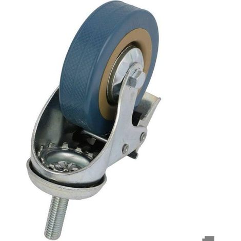 Un ensemble de quatre roulettes pivotantes en polyuréthane non marquantes et verrouillables avec mécanisme de verrouillage M10, adaptées aux chariots à outils. (1/3)