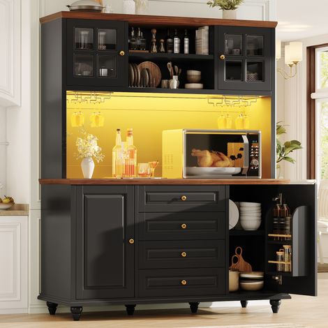 Buffet de cuisine haut led 140x40x179,5cm buffet rangement étagères réglables porte-verres métal pieds hévéa - mdf - noir (1/5)