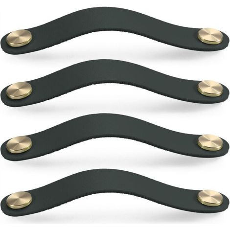 Set di 4 maniglie per ante di mobili in ottone e pelle nera, lunghe 190 mm, con viti, adatte per armadi e cucine.