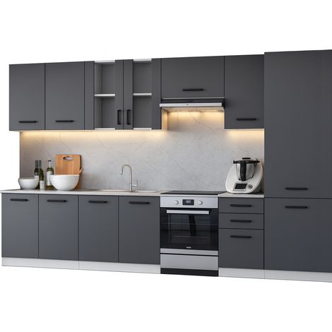 Cuisine complète Jolly GRIS graphite 320 cm avec colonne et vitrine 8 éléments