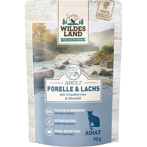 Wildes Land Cat Nassfutter für Katzen Beutel – Forelle und Lachs mit Preiselbeeren 90 g