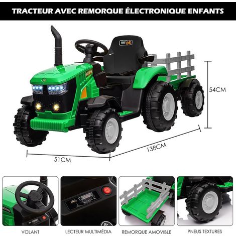 Tracteur Électrique Enfants 12V Avec Remorque Amovible Double Moteur