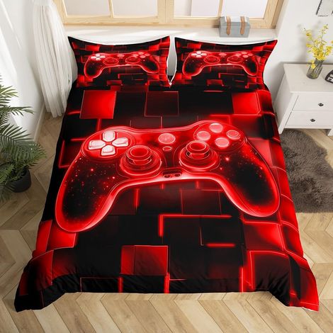 Housse de Couette 140x200 Garcon Gaming Rouge, Parure de Lit Enfant Gamer Décoration Chambre Ado, Sets de Housses de Couettes Jeux Vidéo, Couvre Lit Carrée Géométrique Lumineuse Au Néon - 140x200cm + (1/5)