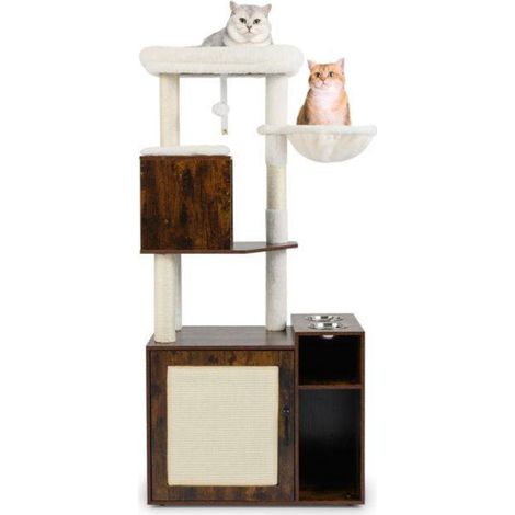 Pour chats d'intérieur : Meuble litière et arbre à chat de salon en bois marron rustique avec griffoir sisal (1/5)