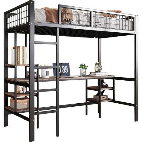 Lit mezzanine 90x200 cm en métal et bois, avec bureau, étagères et échelle 4 marches, pour enfants et adolescents, noir, gain de place pratique  CHICFURN (1/5)