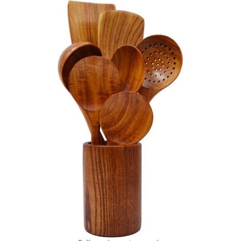 Lot de 8 cuillères en bois antiadhésives pour la cuisine, en teck naturel (1/5)