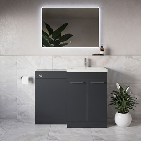 Napoli 390 Gloss Grey 1100mm 2 Door Vanity Unit Toilet Suite with Glide Basin - 1100mm - Chrome 160mm HandleWithout Kingston Toilet Pan