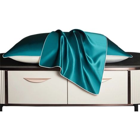 Lot de 2 taies d'oreiller en soie, 22 mommes, 600 fils/cm², satin, fermeture éclair invisible, champagne, 50 x 75 cm, bleu (1/5)