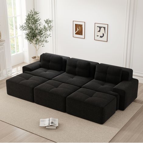 Sofá modular 3 plazas 74 cm negro en pana con función cama y 3 pufs (1/5)