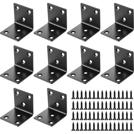 Packung mit 10 schwarzen Metallwinkeln 40x40mm, robuste 90°-Befestigung für verstärkte Holzkonstruktionen. (1/5)