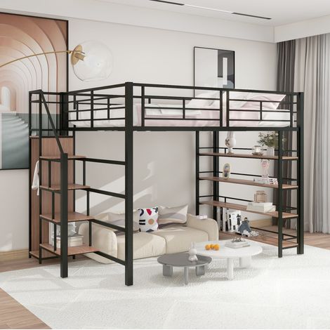 Cama alta de metal negra 140x200 cm con escalera de almacenaje, armario pequeño y estantes (1/5)
