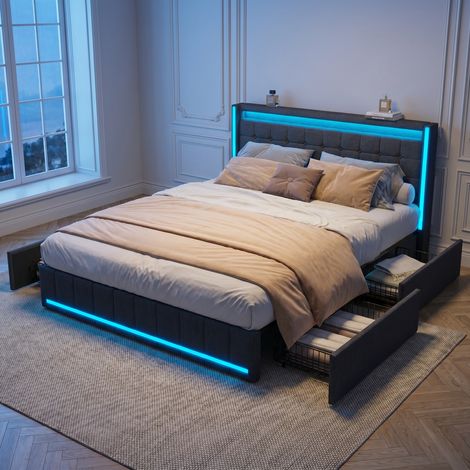 Polsterbett 160x200 cm, Doppelbett mit LED-Beleuchtung und USB-Ladestation, Modernes Jugendbett mit Stauraum, Bettgestell mit Kopfteil und Lattenrost, Leinen Grau, Ohne Matratze