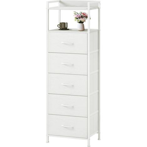 Stoffkommode mit 5 Schubladen, weiß, schmal, für Schlafzimmer & Wohnzimmer (1/5)
