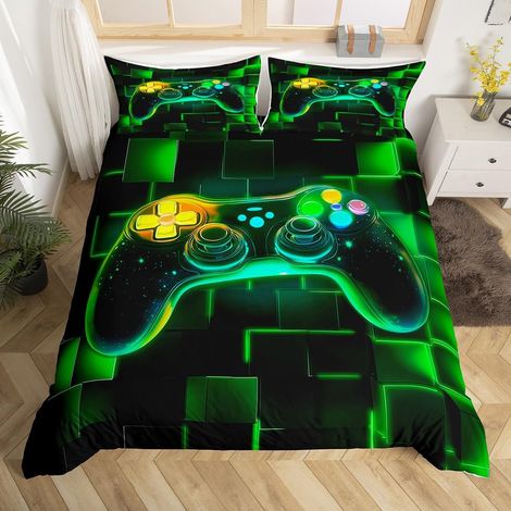 Housse de Couette 220x240 Garcon Gaming, Parure de Lit Enfant Gamer Vert, Sets de Housses de Couettes Grille Géométrique Carrée Au Néon, Couvre Lit Manette de Jeux Vidéo Galaxie - 220x240cm + 2 Taies (1/5)