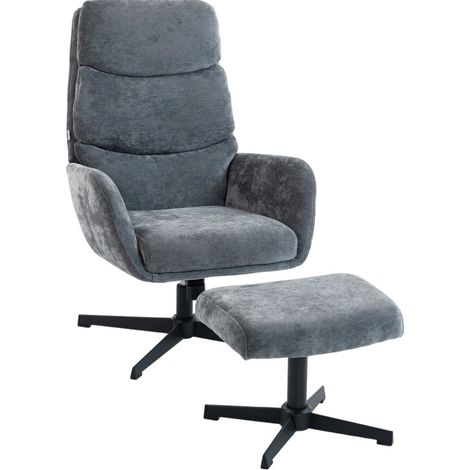 Gepolsterter Loungesessel mit Fußhocker, hoher Rückenlehne und Metallgestell, grau (1/4)