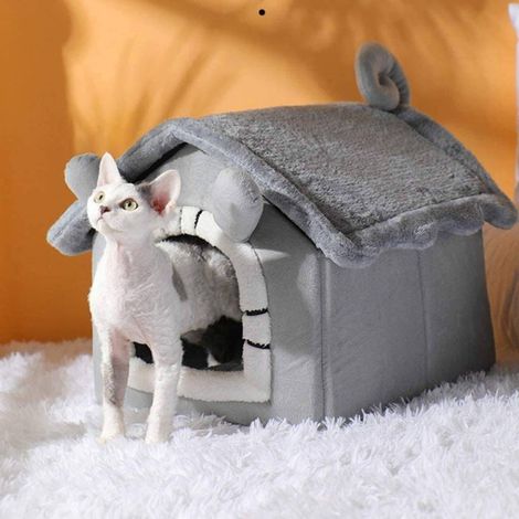 Trade Shop - Hunde- und Katzenbett in Tierhausform, weicher Plüsch, 48 x 40 x 39 cm - (1/4)