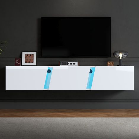 Meuble TV mural blanc 180x35x30cm, lowboard avec éclairage LED, 3 portes, support TV jusqu'à 75", finition brillante (1/5)