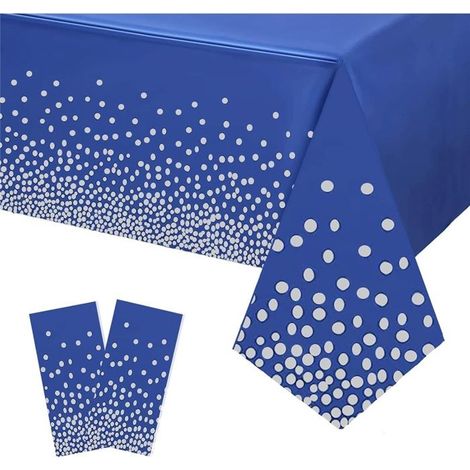 2 Stück 137 x 274 cm, rechteckige, wasserdichte Einwegtischdecken in Dunkelblau und Silber mit Punkten, ideal für Geburtstage und Ho