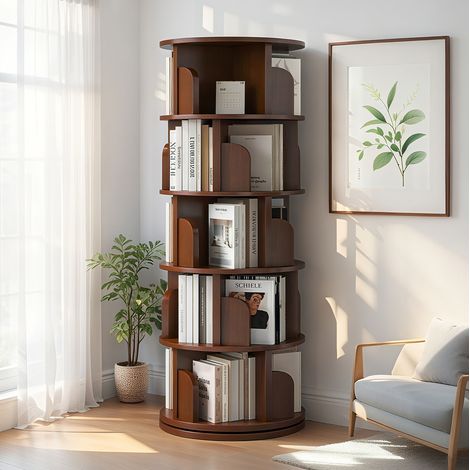 Libreria girevole 360° a 5 ripiani, salvaspazio per piccoli ambienti, in MDF colore legno scuro, per casa, camera e ufficio - CHICFURN (1/5)