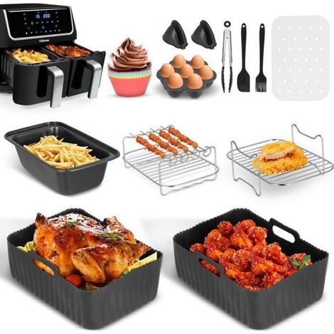 Accessoires Friteuse À Air - Lot De 12 Pièces - Compatible Double Zone - Silicone Et Acier Inoxydable - Pour Friteuses De 7,6 À 9,6 L