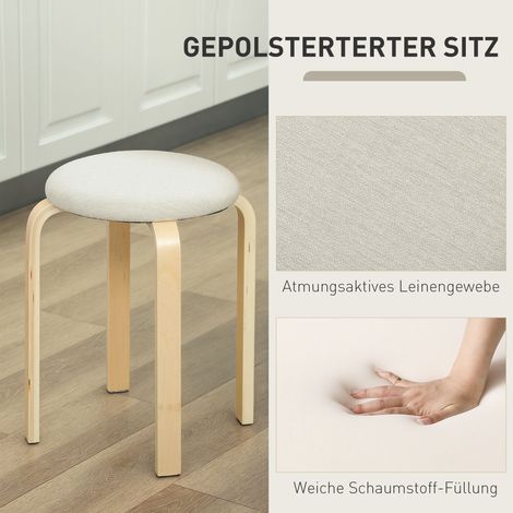 Lot de 4 tabourets rembourrés empilables, surface laquée, pieds en bois, blanc crème (1/4)