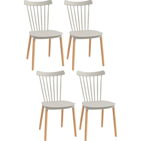 Lot de 4 chaises grises design nordique, dossier haut, assise en polypropylène, pieds en hêtre massif, dimensions 48 x 52,5 x 83 cm.