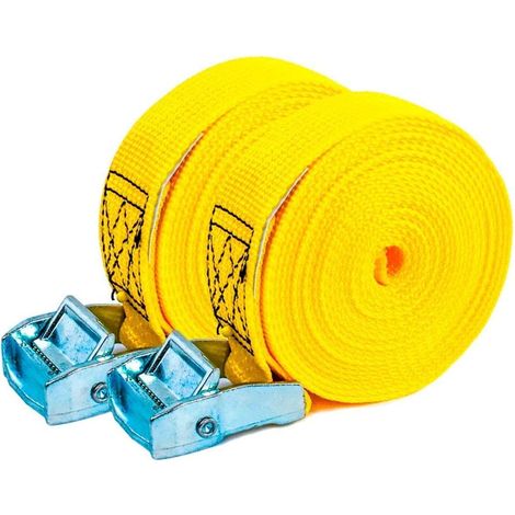 Deux boucles de 4 m x 25 mm, chacune supportant une charge de 200 kg, adaptées aux voitures, motos, vélos, kayaks et au camping. Jaune