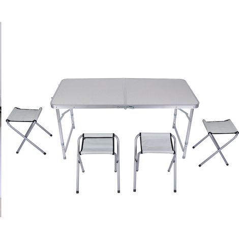 Table de salle à manger pliante en alliage d'aluminium avec quatre tabourets pliants en tissu - blanc (1/5)