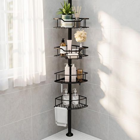 Étagère de douche d'angle à 4 niveaux avec porte-savon, crochets et barre de serviette, étagères de douche télescopiques réglables, organisateur de rangement de salle de bain en métal pour (1/5)