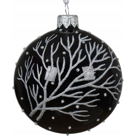 Bola de cristal para árbol de Navidad de 8 cm, negra con ramas plateadas. (1/2)