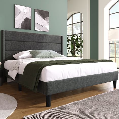 DESVIAE Lit rembourré 140 x 200 cm avec sommier à lattes et tête de lit en lin gris foncé design moderne et minimaliste (1/5)